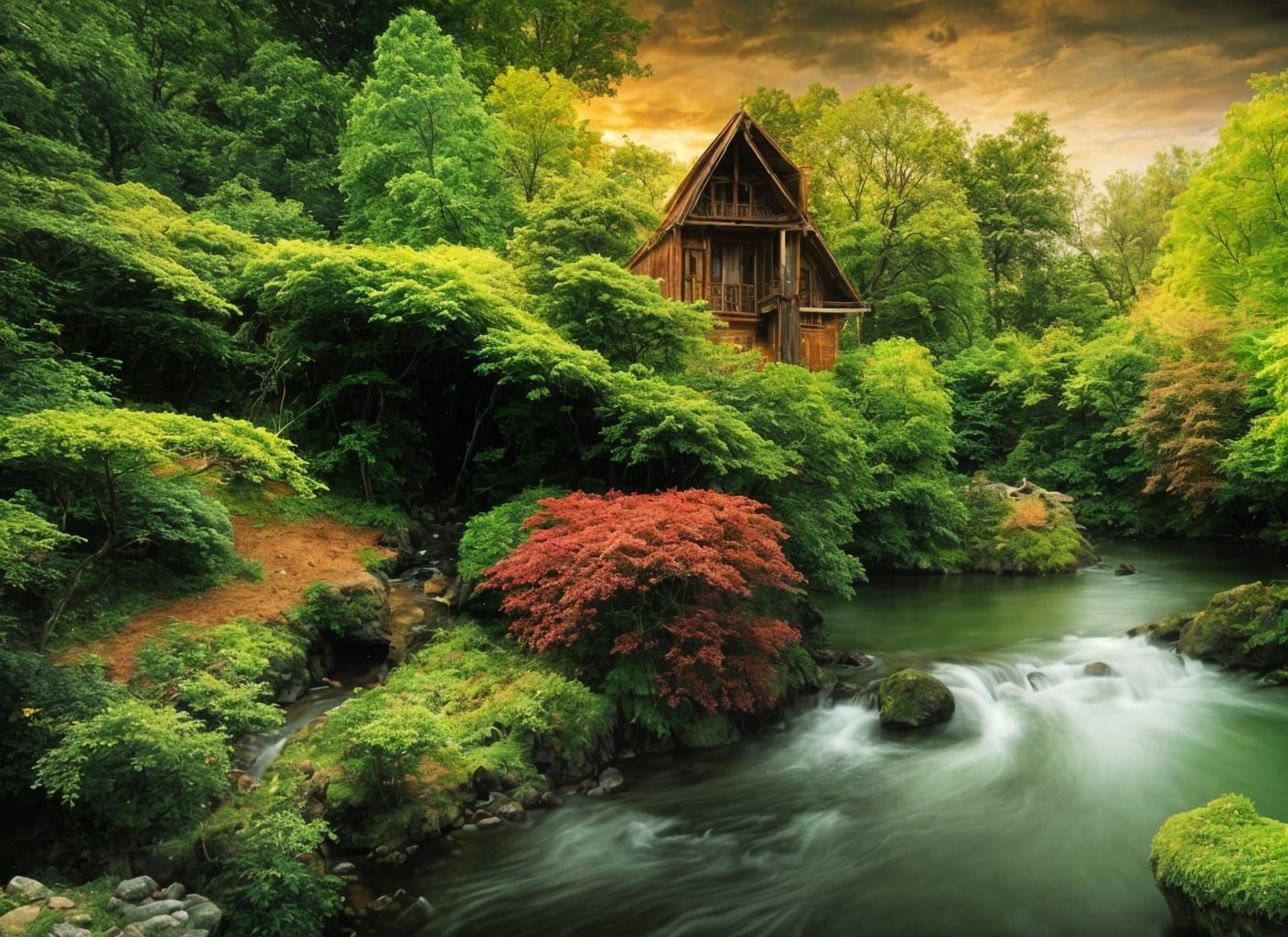 Lush Garden Country House with Surreal Details