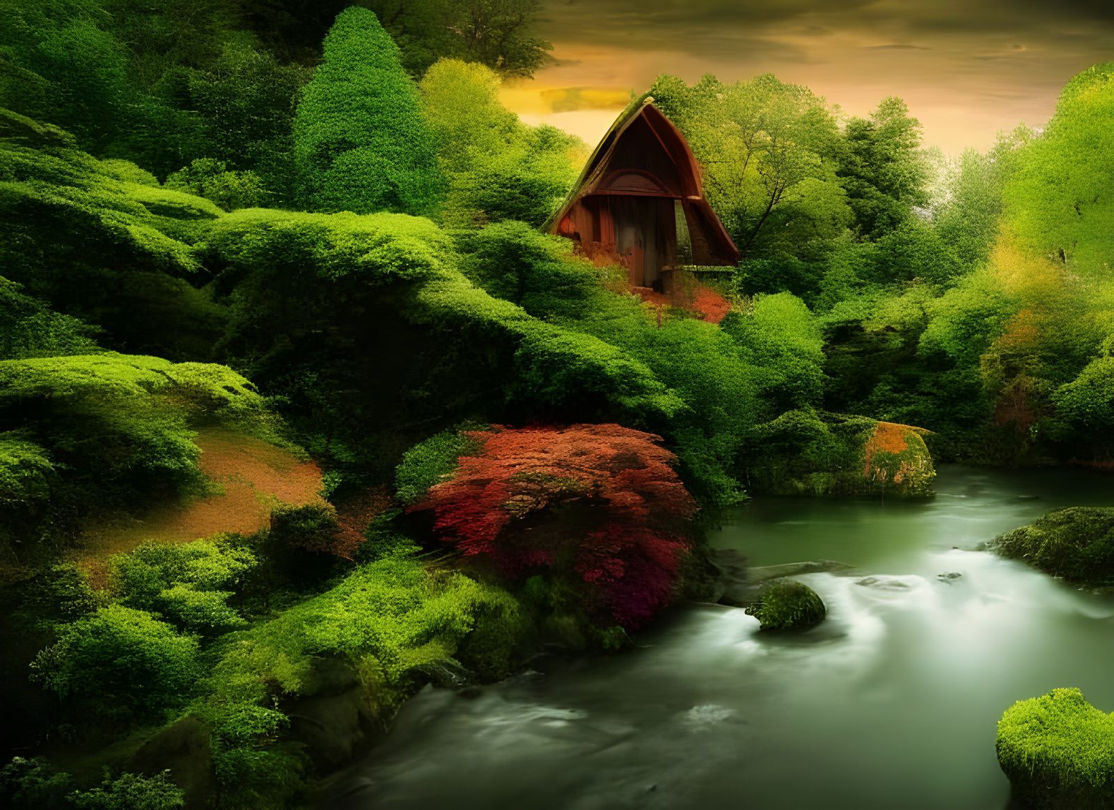 Lush Garden Scene with Surreal Elements