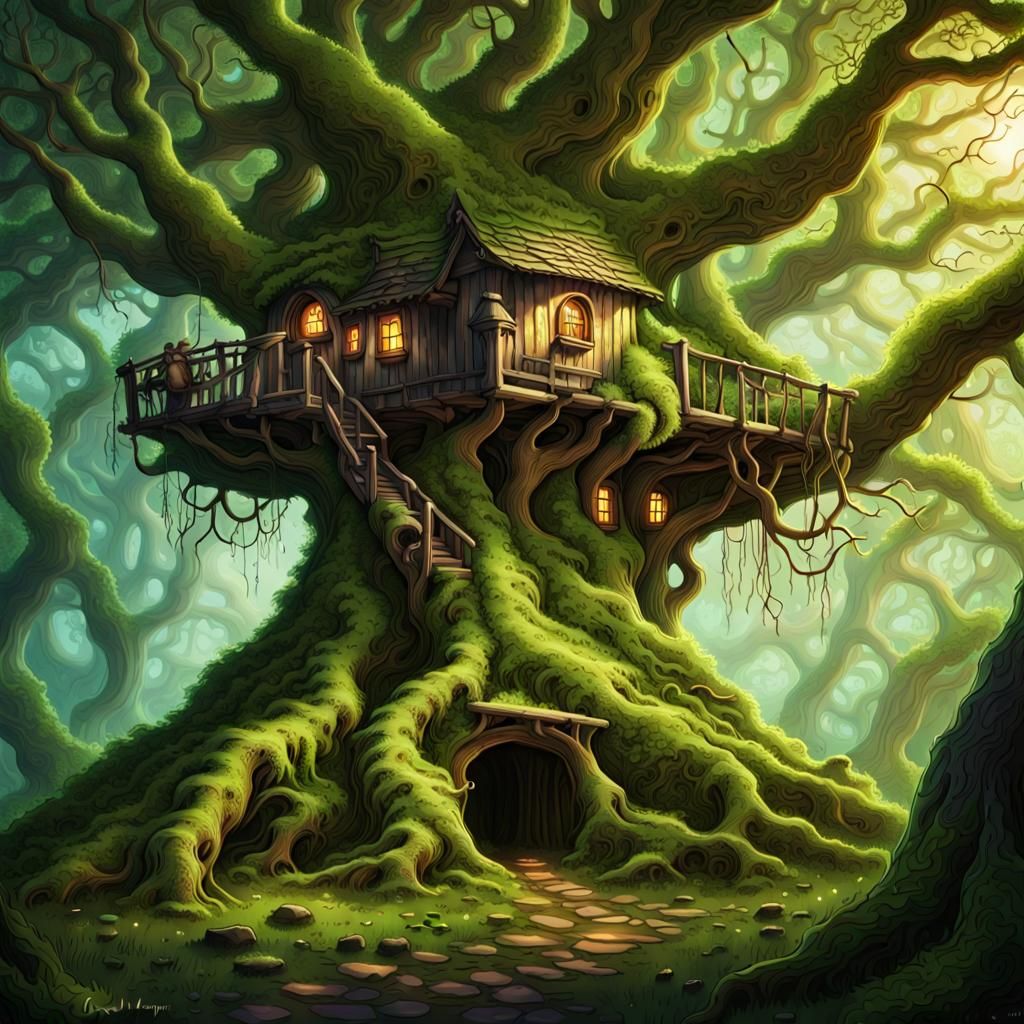 Glowing Mossy Hut in Ancient Oak Tree: Fantasy Art