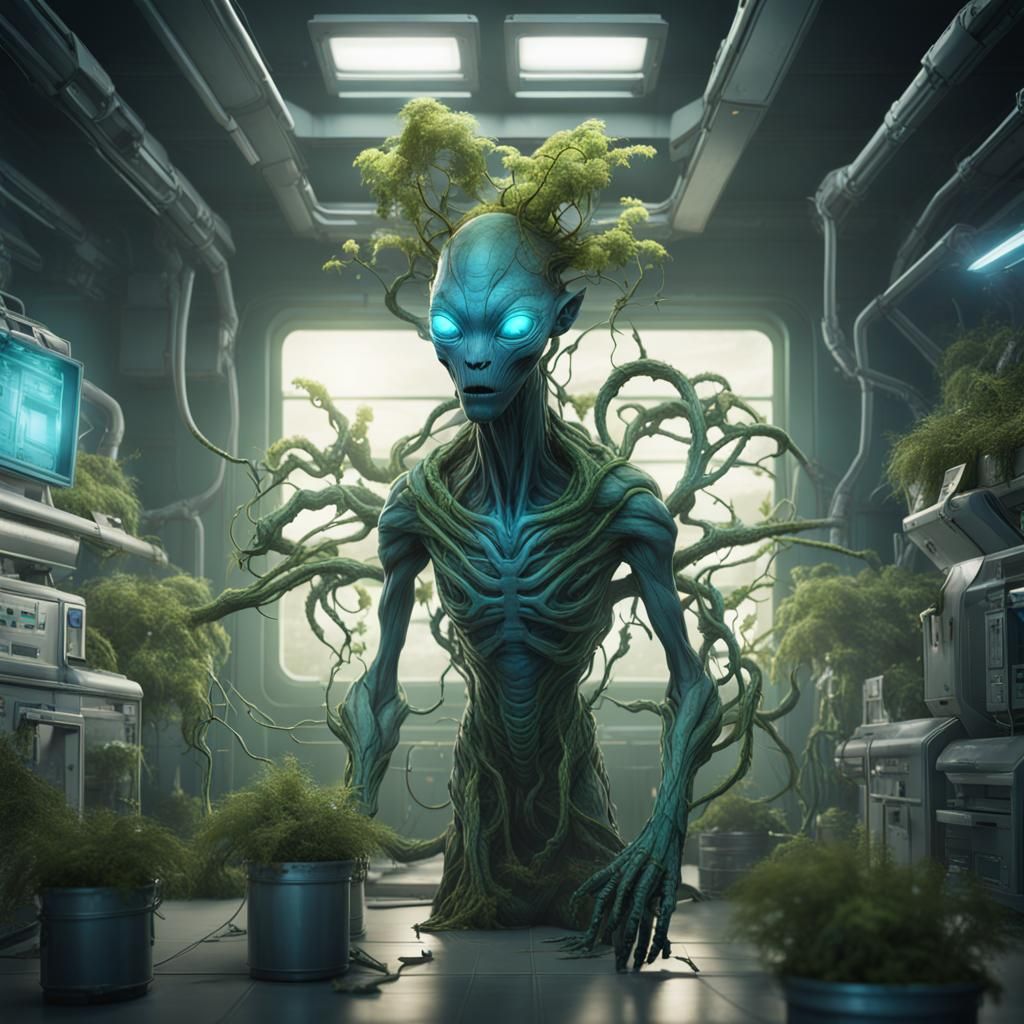 Friendly Alien Plant Doctor in Sci-Fi Medical Room