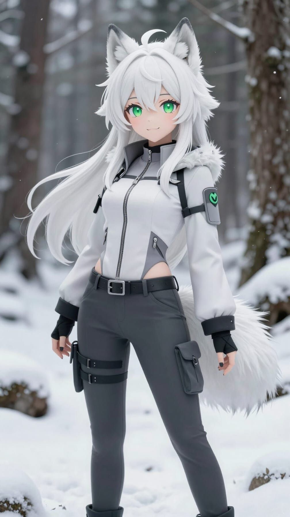 Anime White Wolf V-Tuber in Snowy Forest