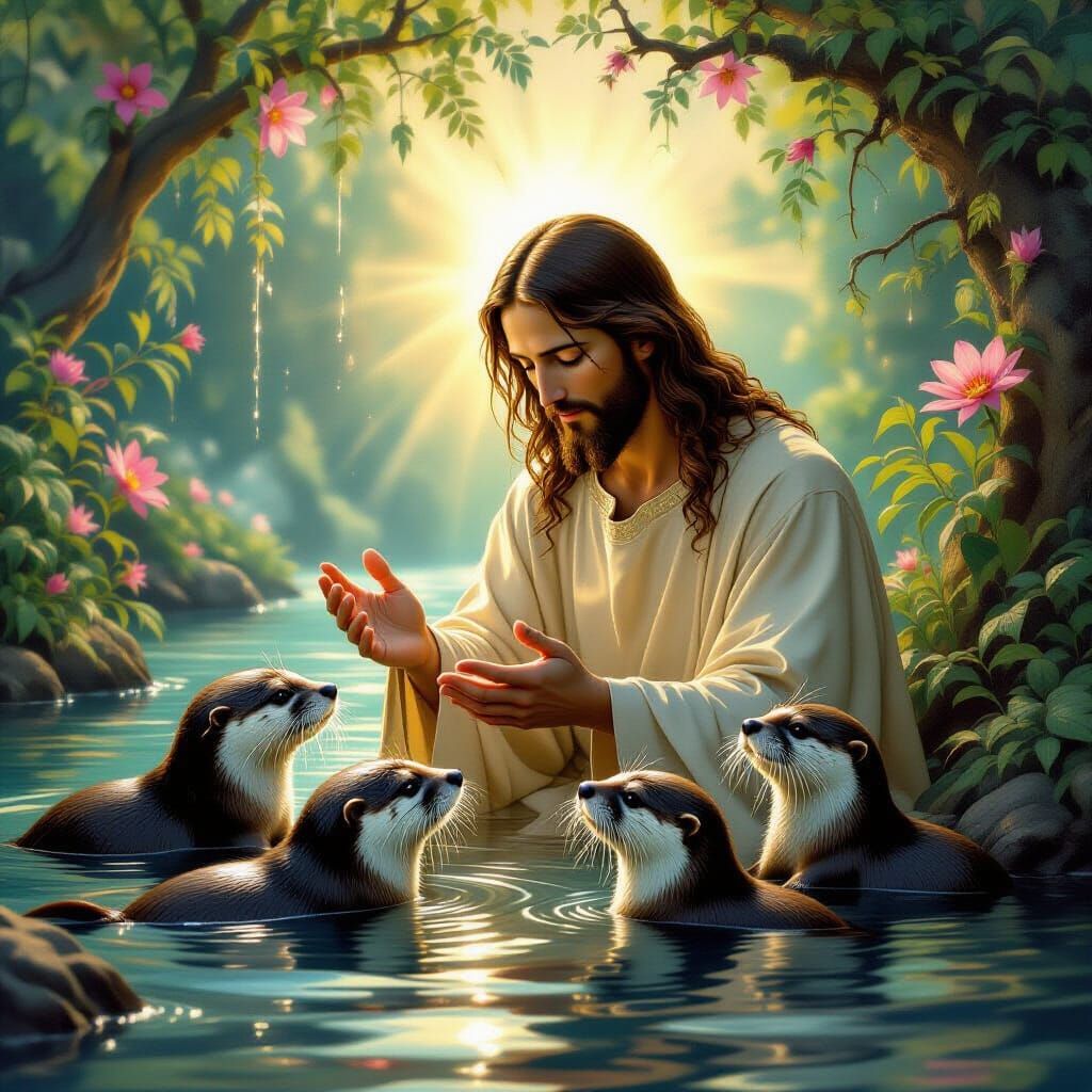 Jesus with Otters, Painterly Divine Light