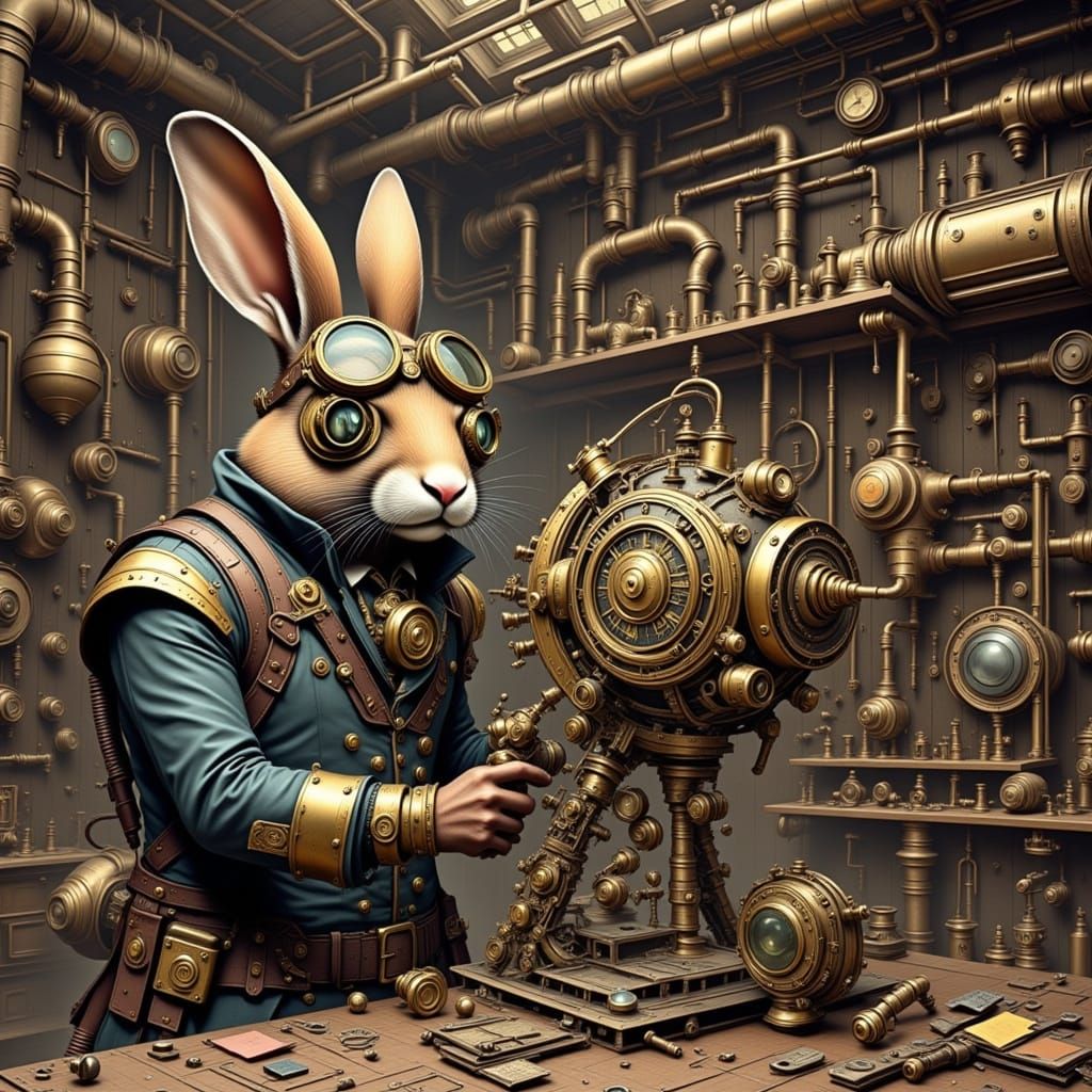 Steampunk Rabbit Engineer with Clockwork Device