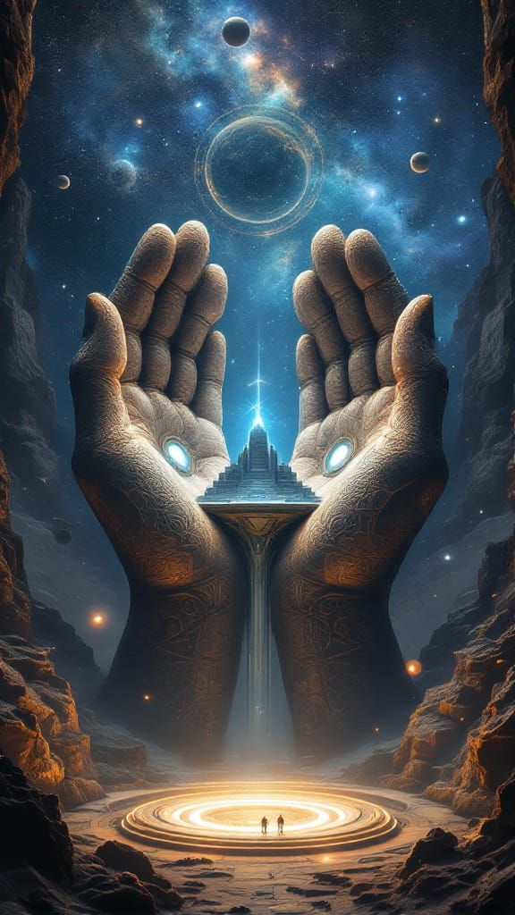 Colossal Hands Holding Geometric City in Surreal Digital Art