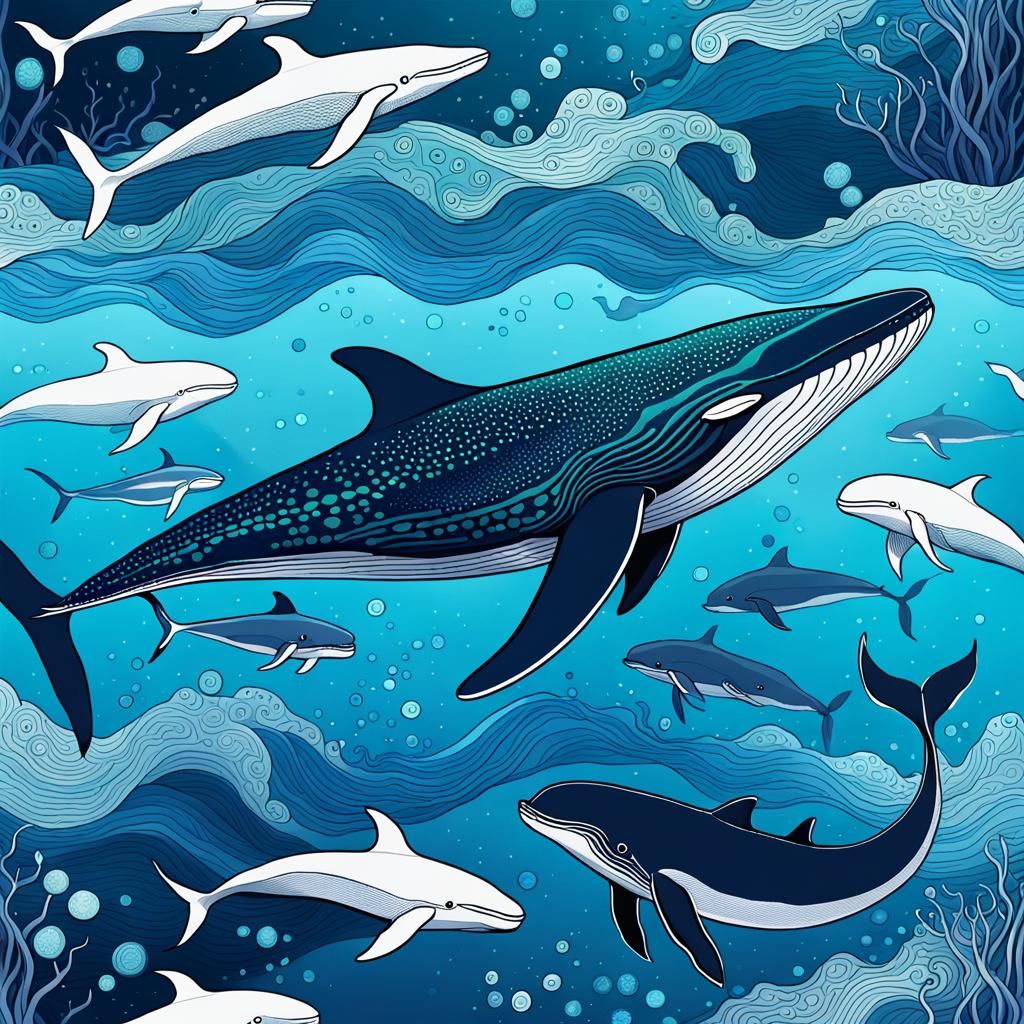 Underwater World with Blue Whale: A Digital Illustration