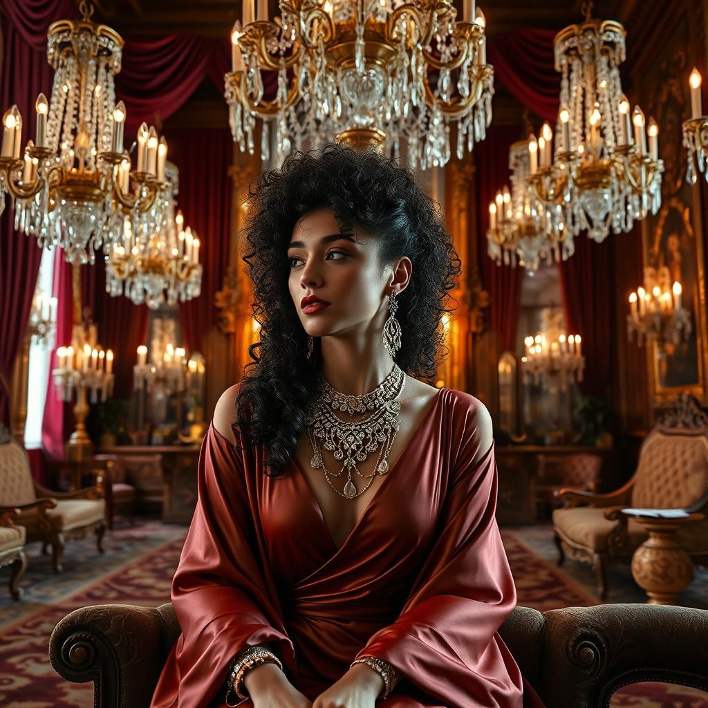 Elegant Woman in Lavish Chamber, Hyperrealistic Style