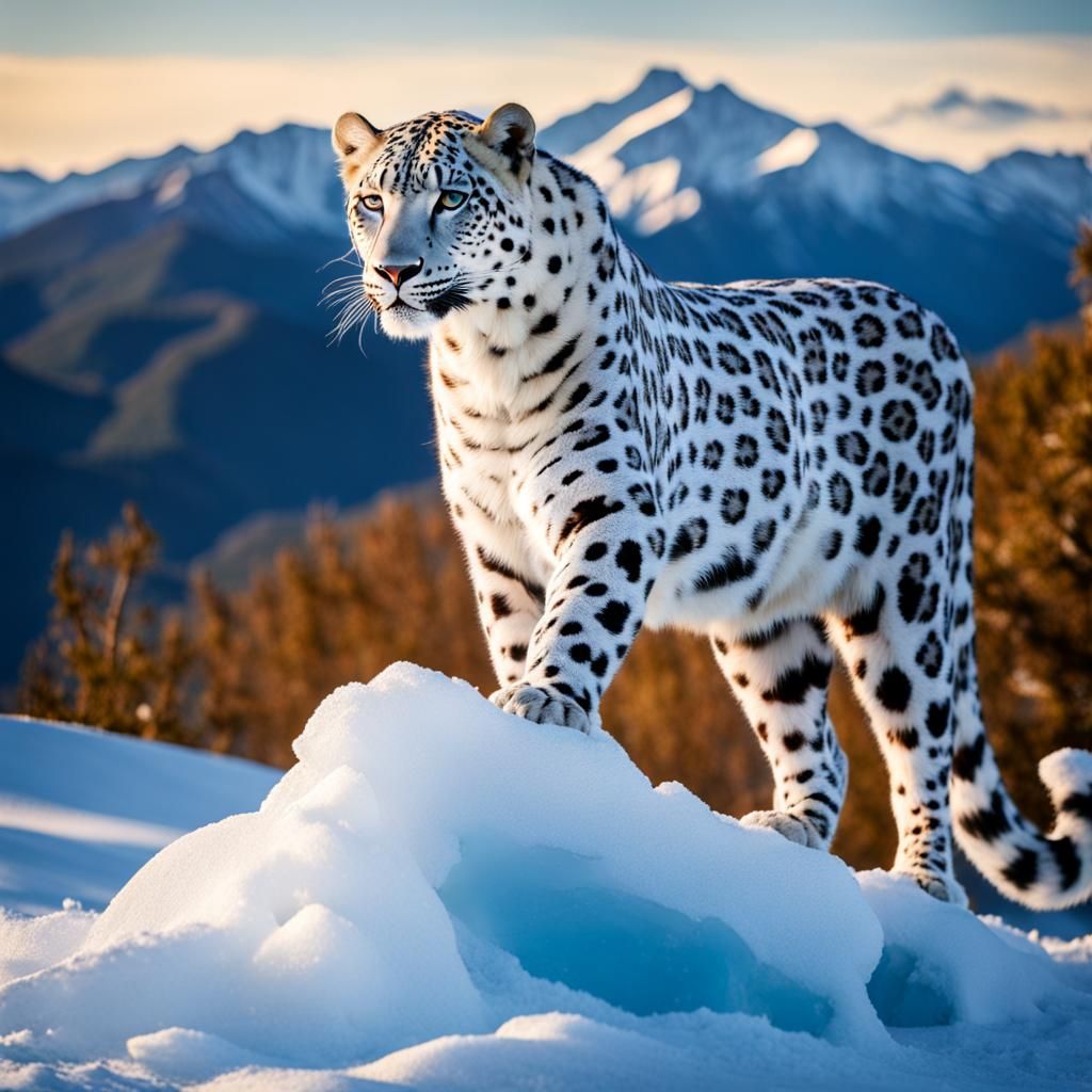 Snow Leopard Woman in Lace Dress on Snowy Peaks
