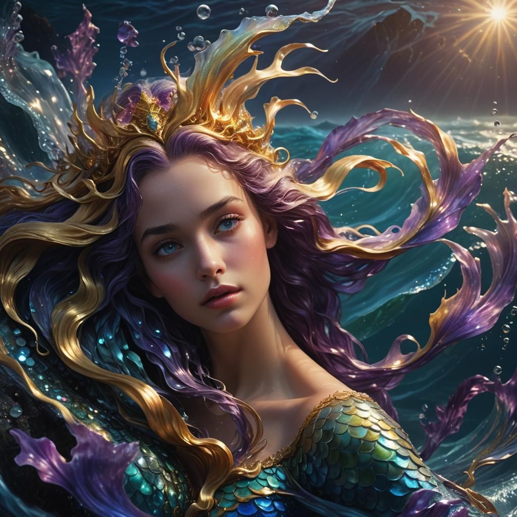 Mermaid Queen Emerges from Crystal Waves