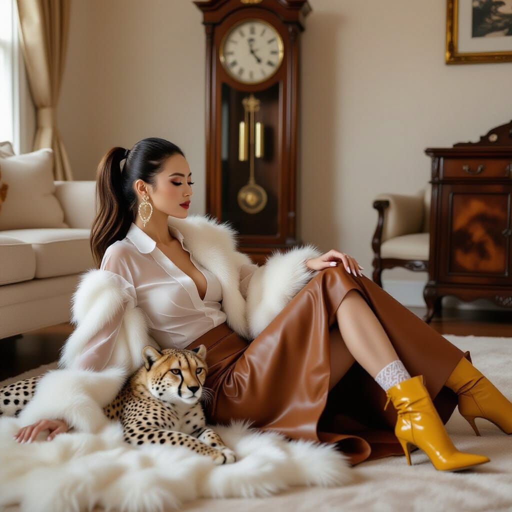 Woman and Cheetah in Living Room