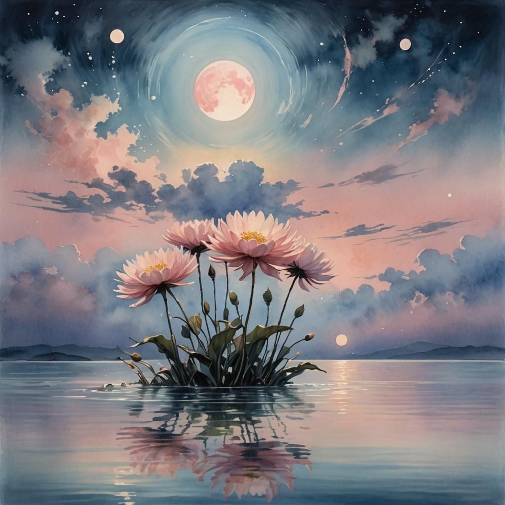 Ethereal Alien Flower Over Ocean: Watercolor Art