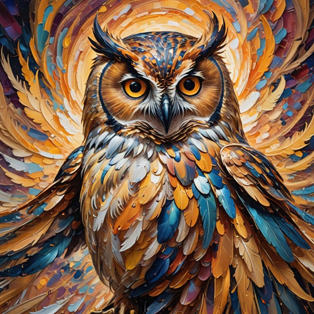 Radiant Owl Soaring Through Colorful Vortex as Impasto Paint...
