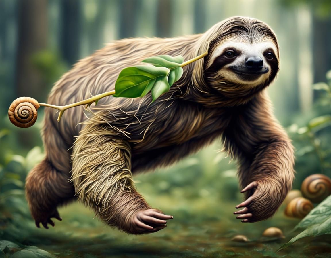 Sloth Running From Snail in Photorealistic Detail