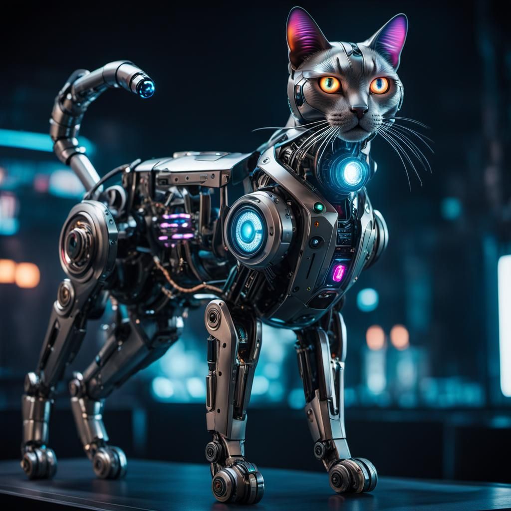 Cyberpunk Robotic Cat with Glowing Eyes