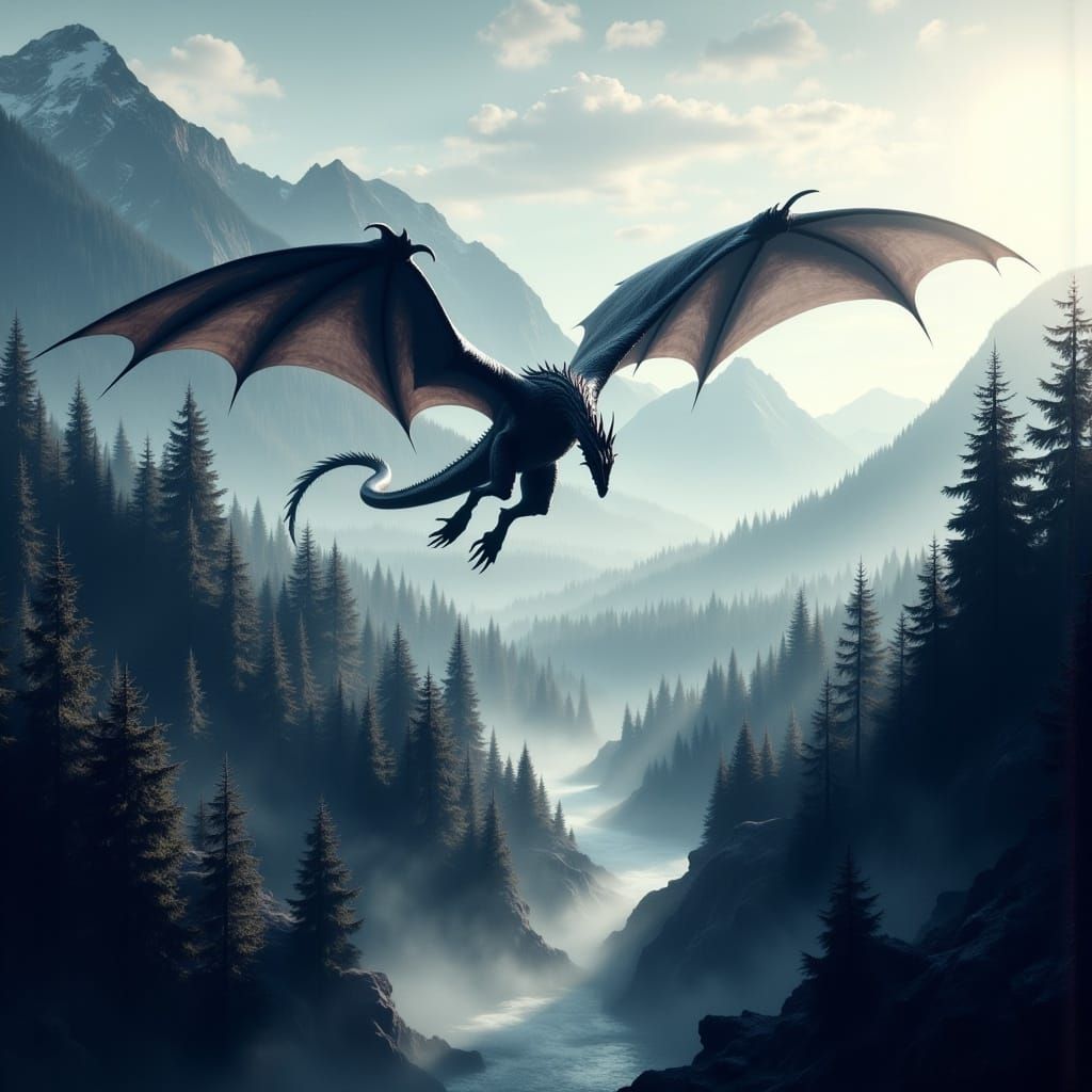 Silver Dragon Gliding Over a Remote Forest