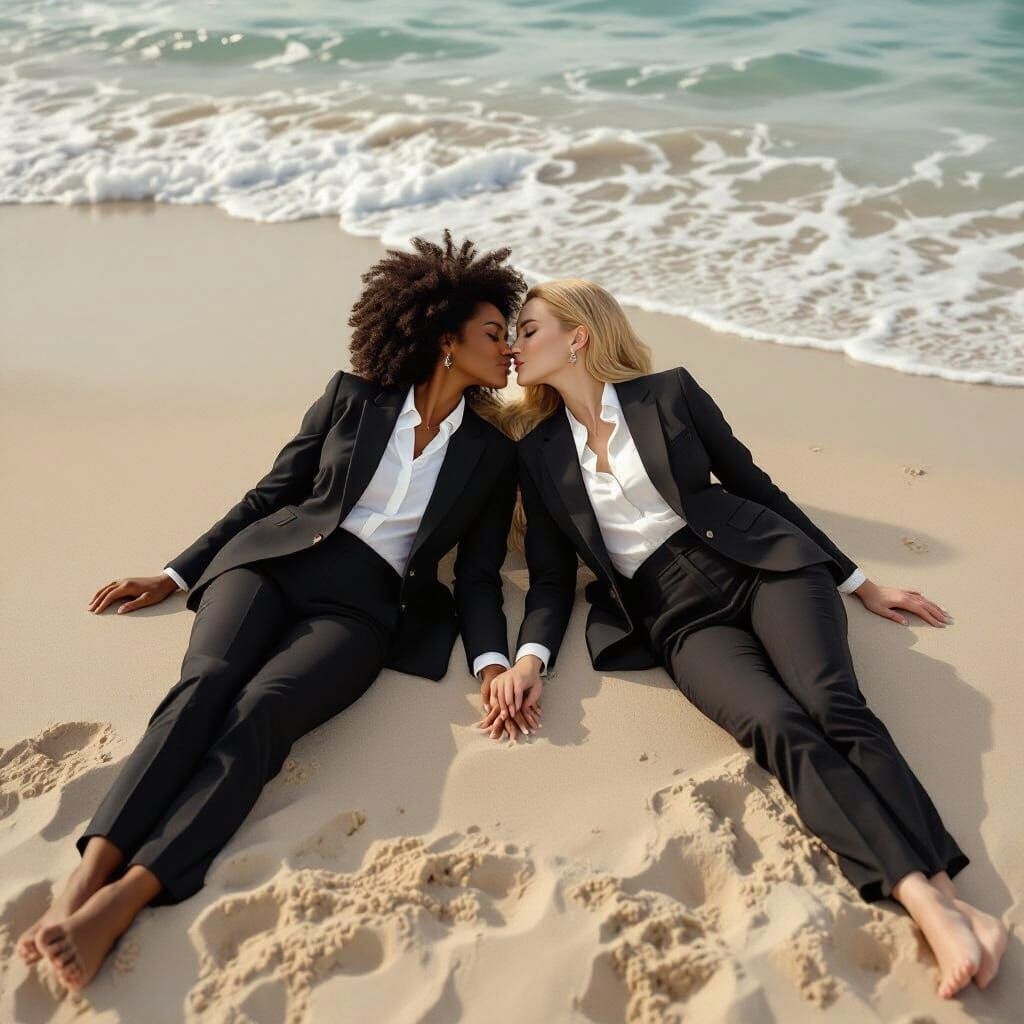Romantic Beach Kiss: Two Women in Business Suits