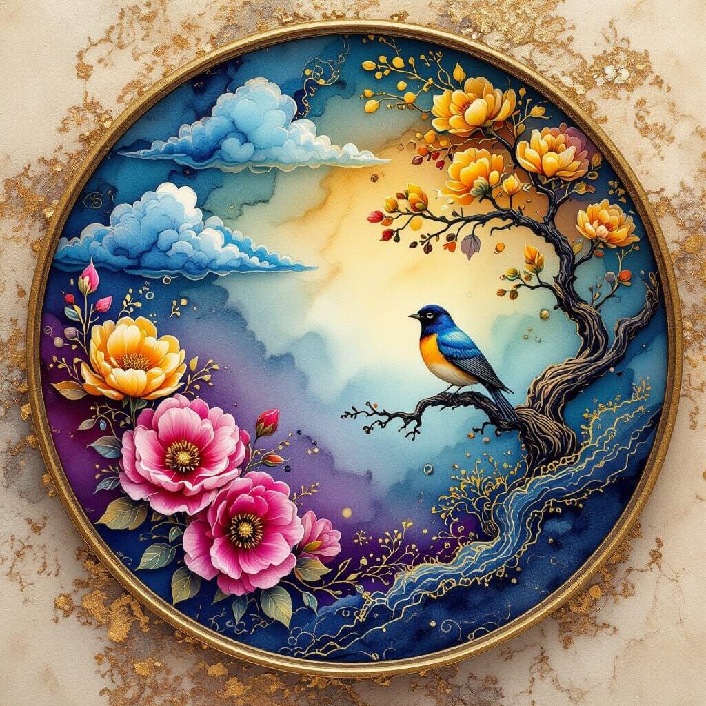 Alcohol Ink Art: Blue, Magenta Clouds, Flowers, and Bird