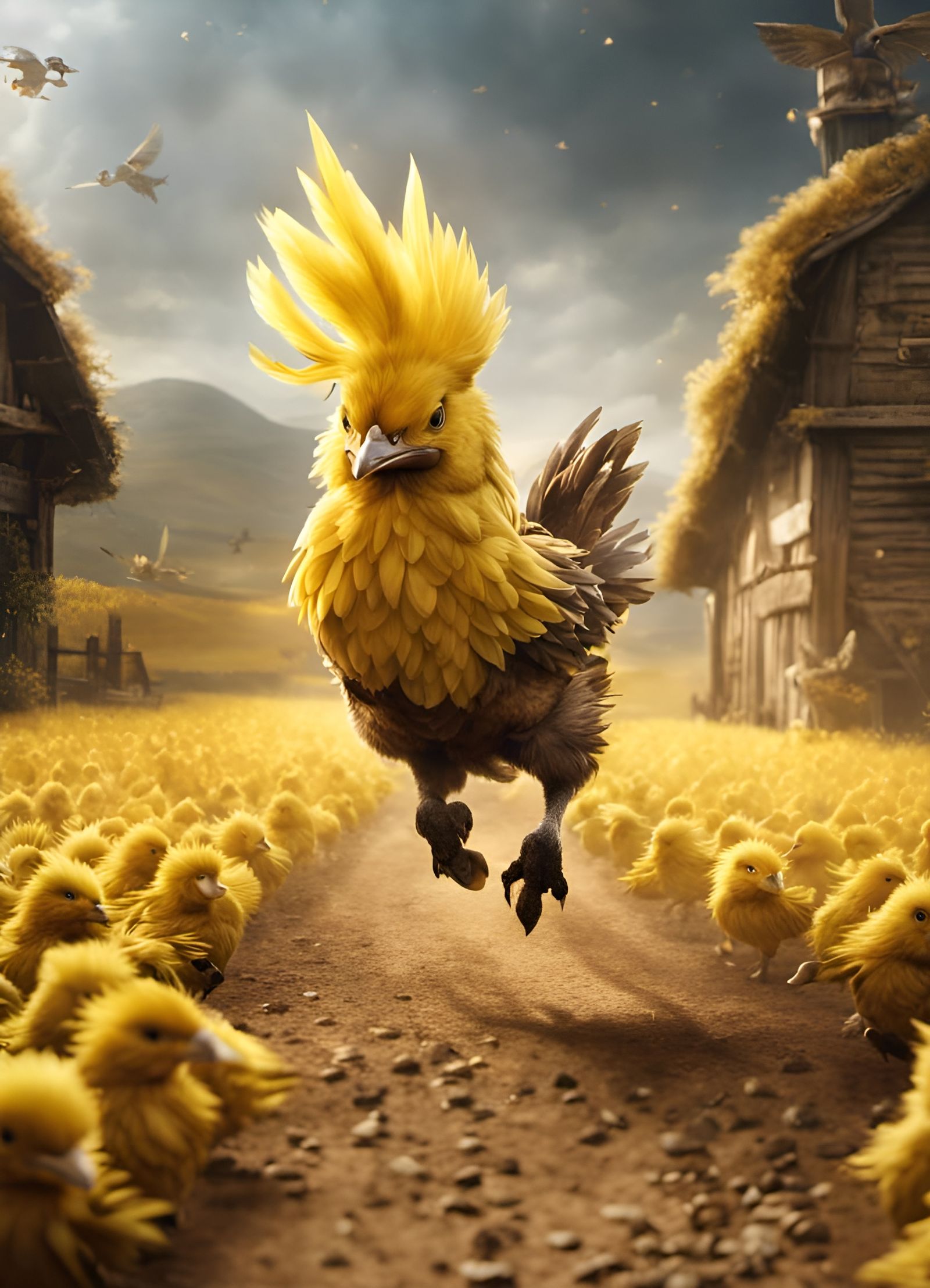 Dynamic Fantasy Chocobo Running on Gravel Road