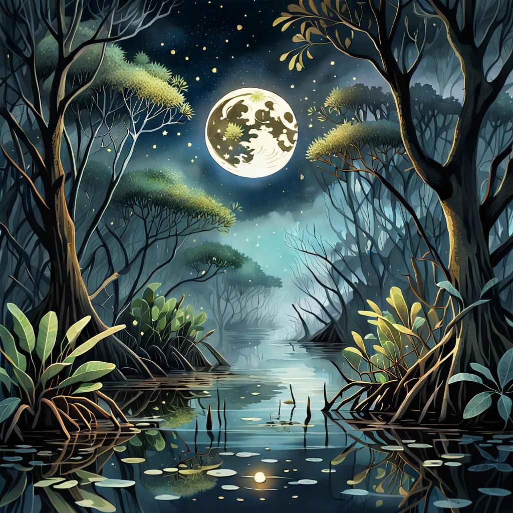 Foggy Mangrove Swamp at Night in Watercolor Style