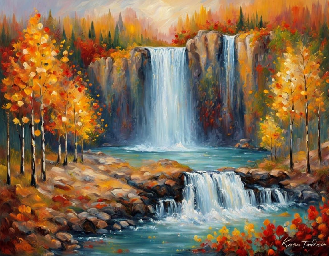 Autumn Waterfall Landscape Painting