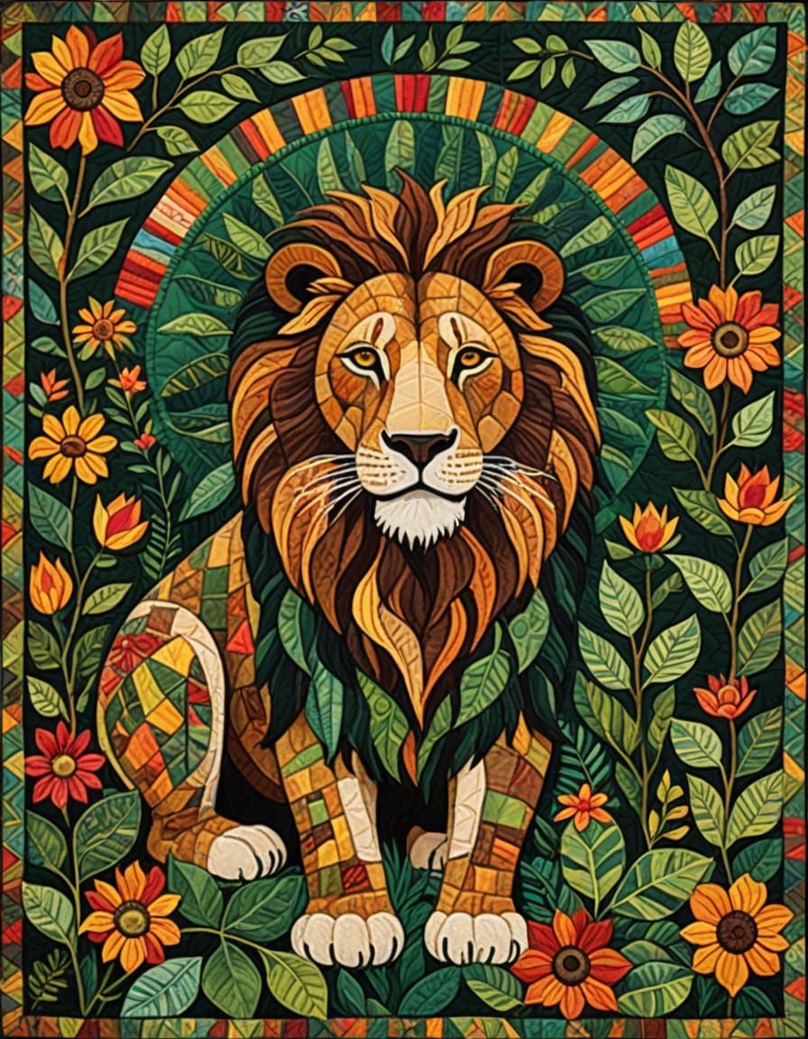 Vibrant Folk Art Quilt Depicts Whimsical African Lion in Jun...