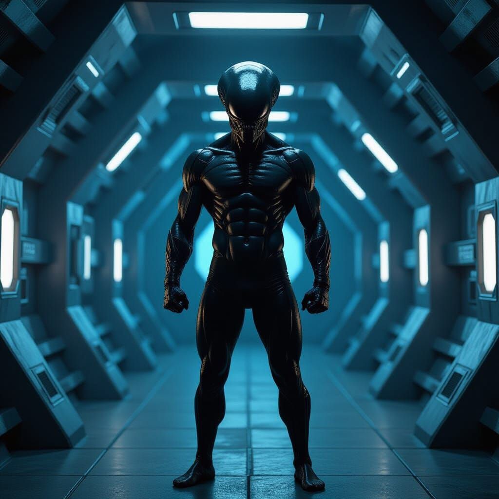 Giger Alien Fighter in Hexagonal Spaceship Hallway