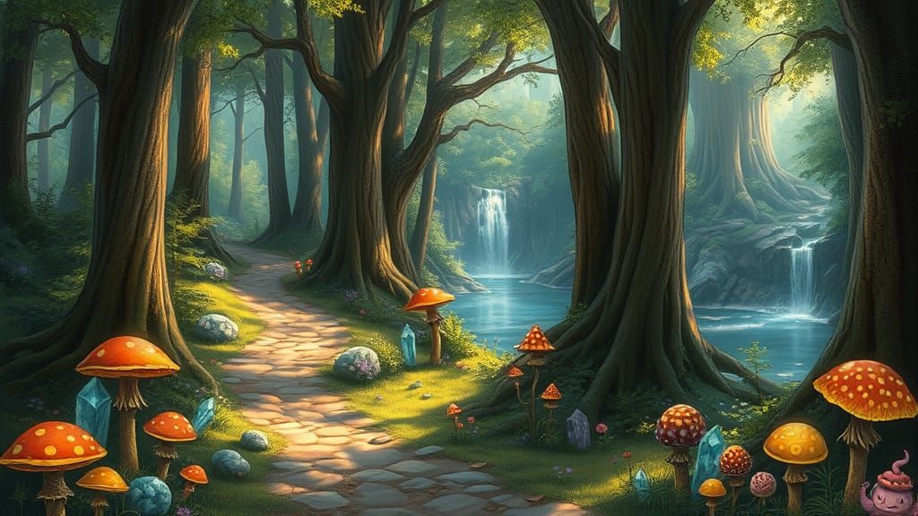 Enchanted Forest Path with Glowing Crystals
