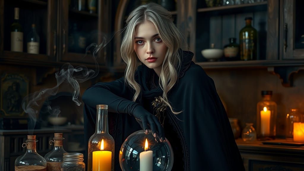Mystical Witch in Dimly Lit Apothecary