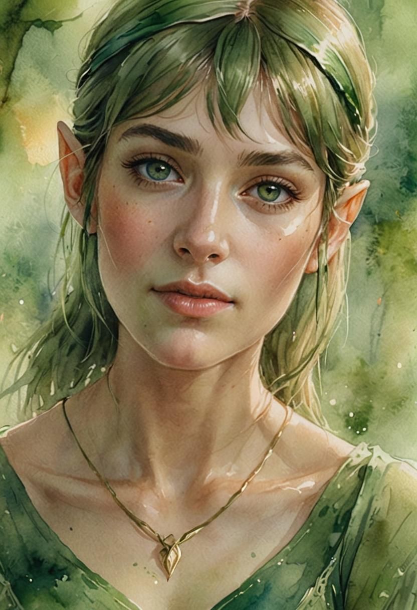 Elven Woman in Green Tunic: Watercolor Fantasy Portrait