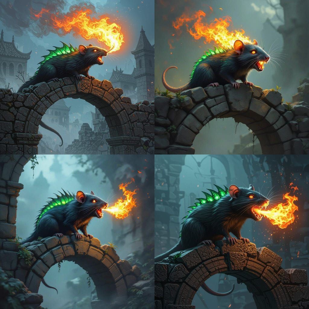 Dragon Rat Breathing Fire on Archway in Misty Night