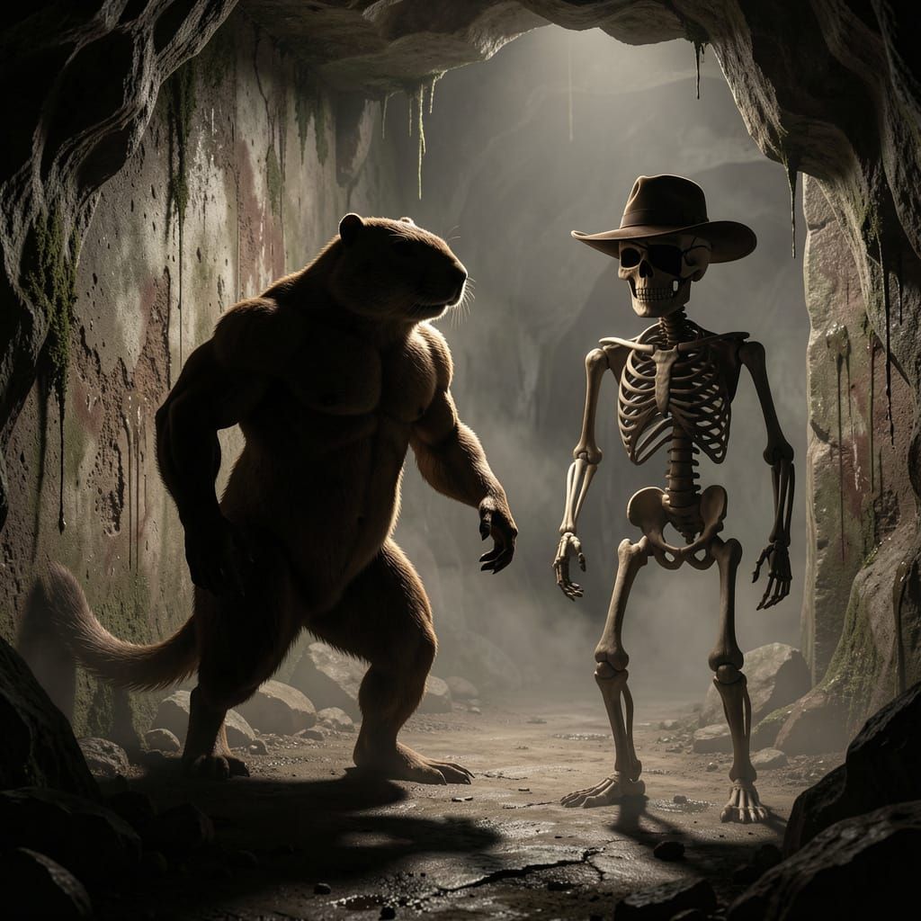 Shadowed Groundhog Confronts Stetson-Wearing Skeleton in Cav...