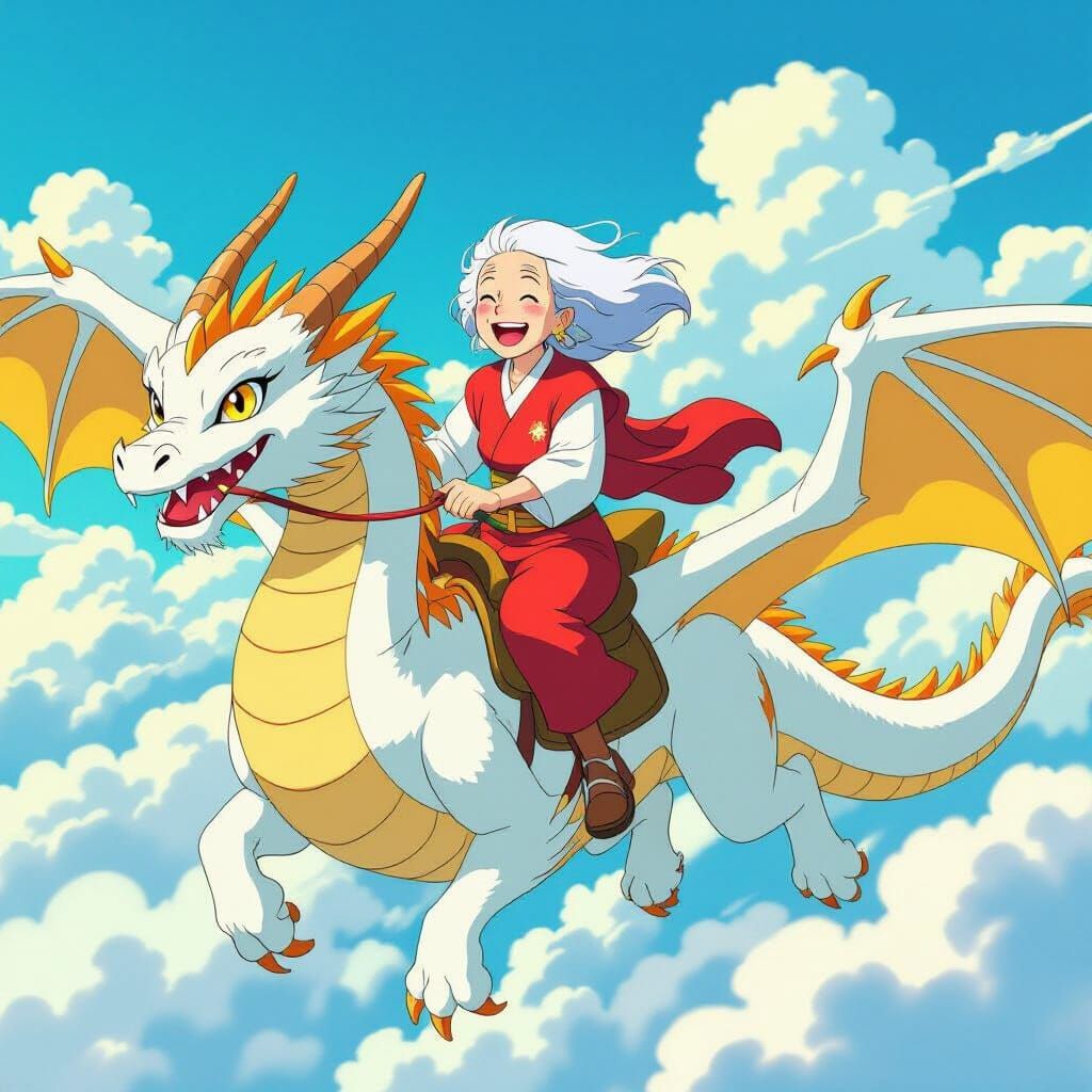 Elderly Woman Rides Dragon in Ghibli-Inspired Scene