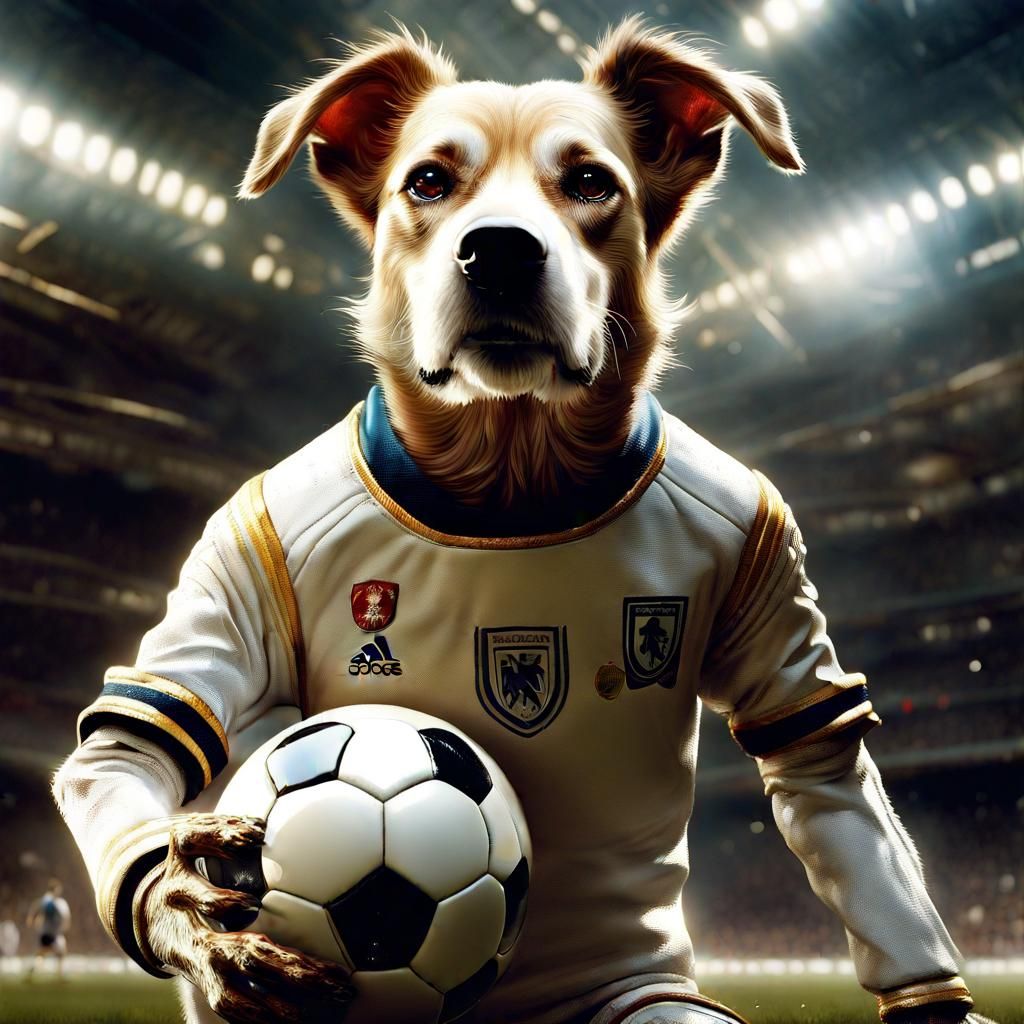 Anthropomorphic Dog Soccer Player in Hyperrealistic CGI