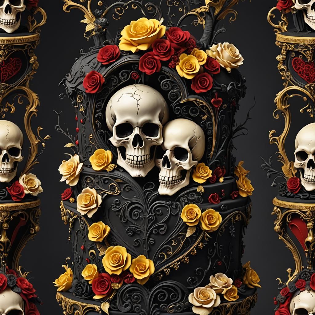 Heart Cake with Skulls: 3D Render in Dark Fantasy Style