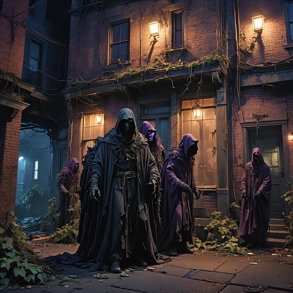 Wraiths Stalk Rowhouse in Dark Fantasy Painting