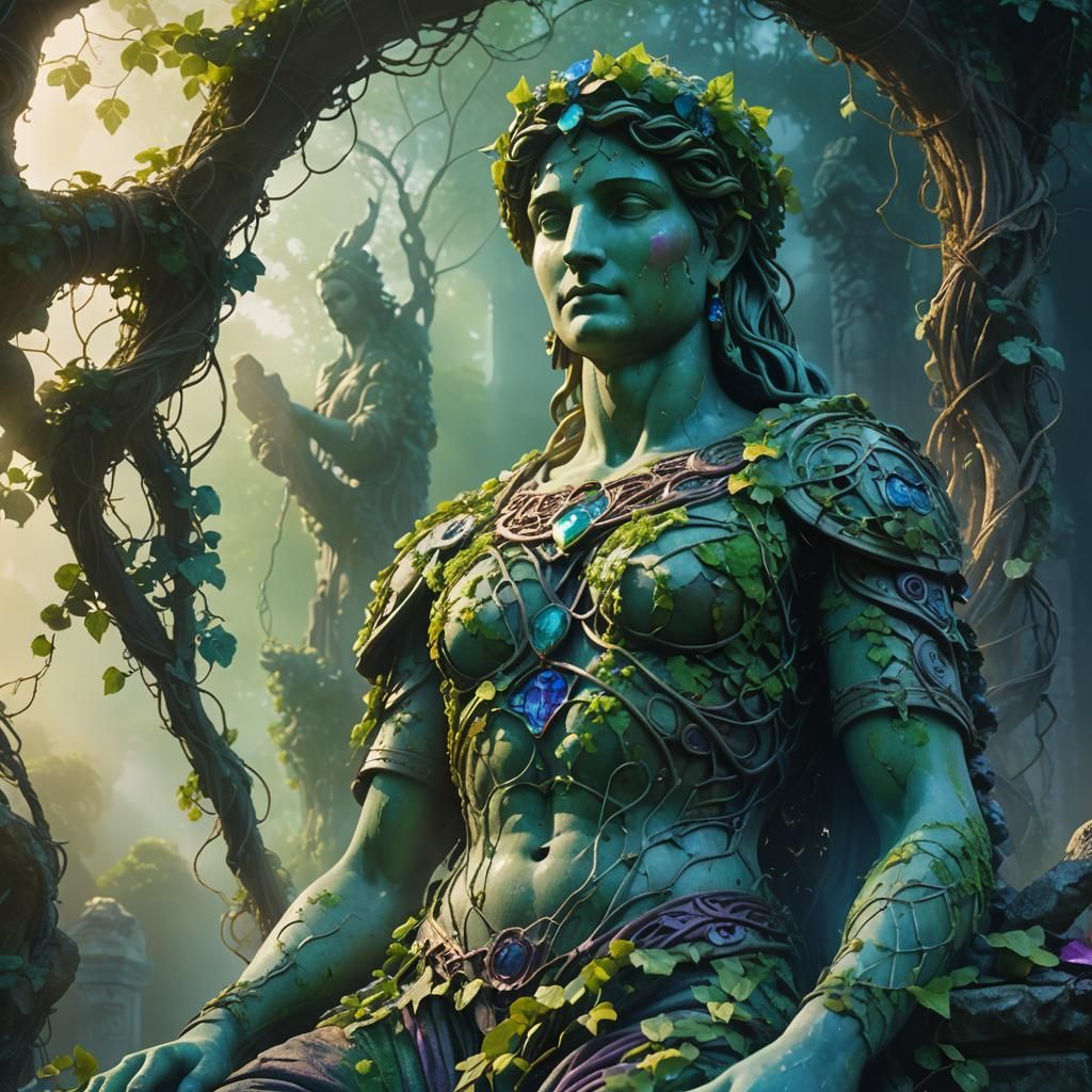 Vibrant Ancient Statue Covered in Vines: Fantasy Art