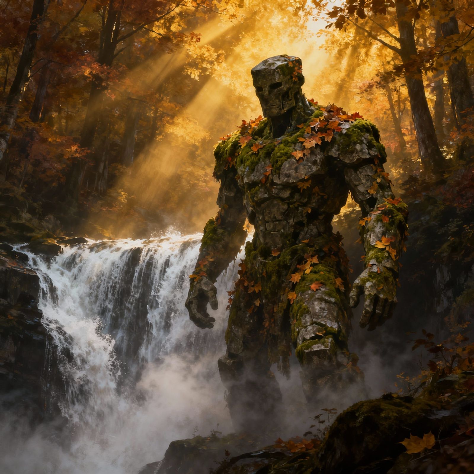 Ancient Golem Guarding Waterfall in Autumn Forest