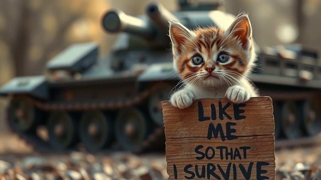 Innocent Kitten Pleading for Survival Amidst Menacing Tank
