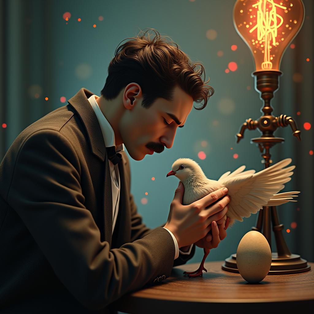 Tesla's Pigeon Family Portrait in Ethereal Sci-Fi Style