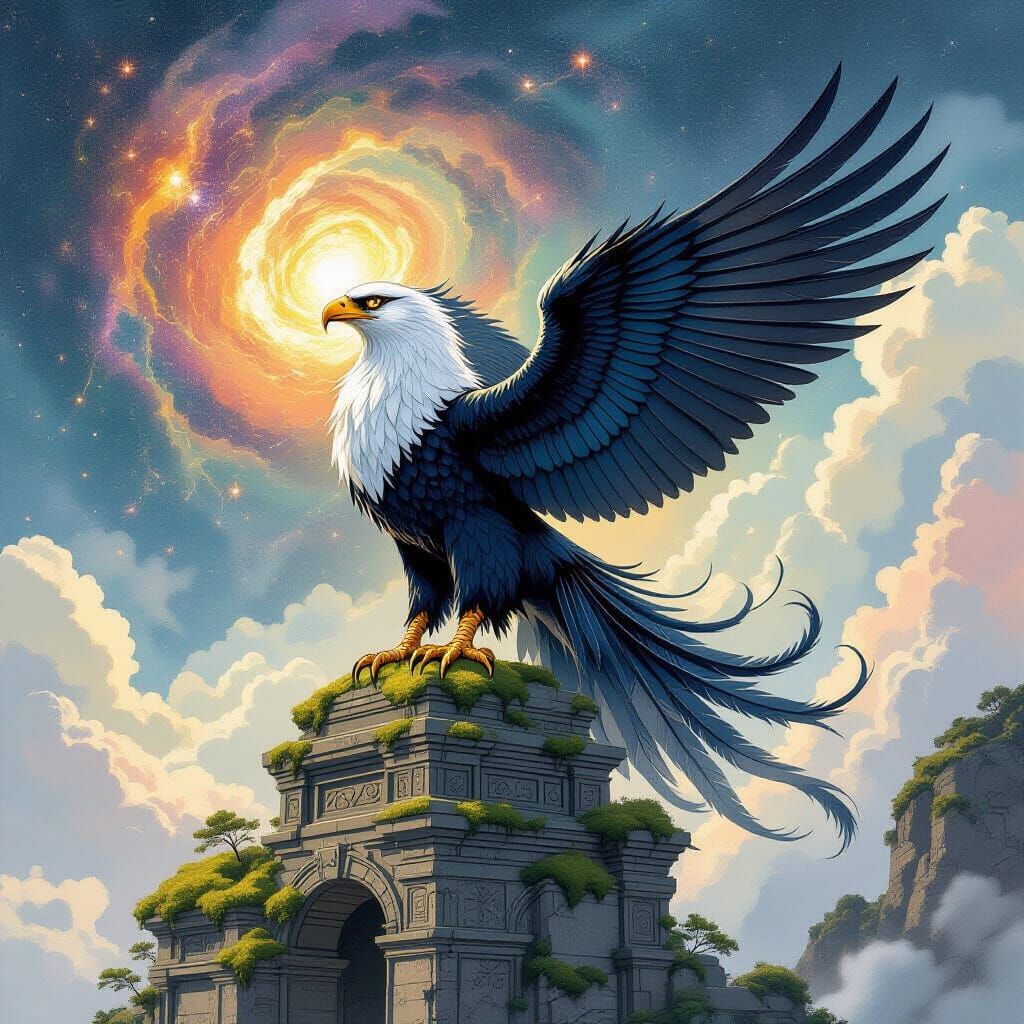 Cosmic Griffin Perched Atop Ancient Ruins