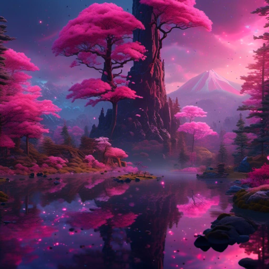 Eerie Midnight Forest Path with Sakura Trees