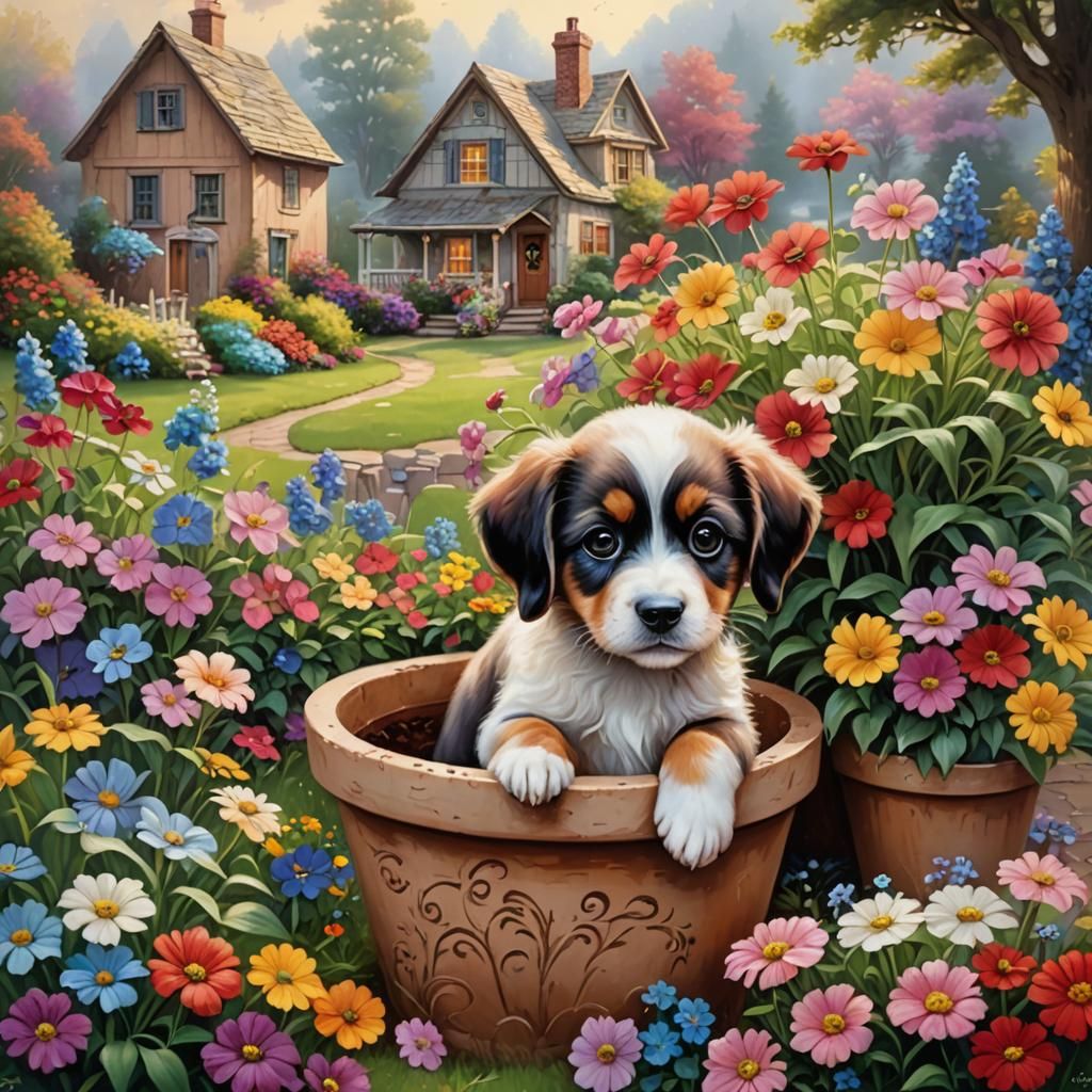 Big-Eyed Puppy in Flowerpot: Ethereal Fantasy Scene