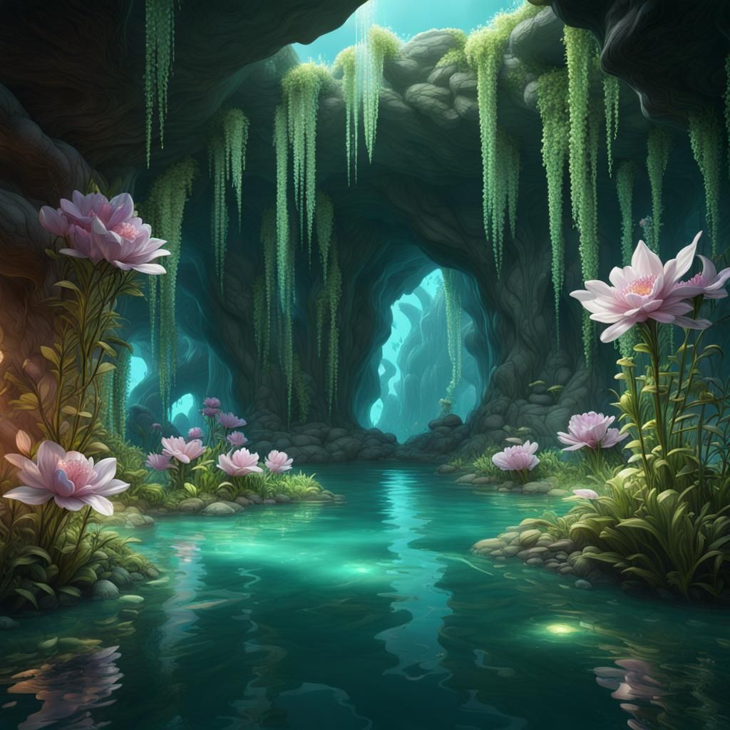 Crystal Cave with Blooming Vines: Fantasy Concept Art