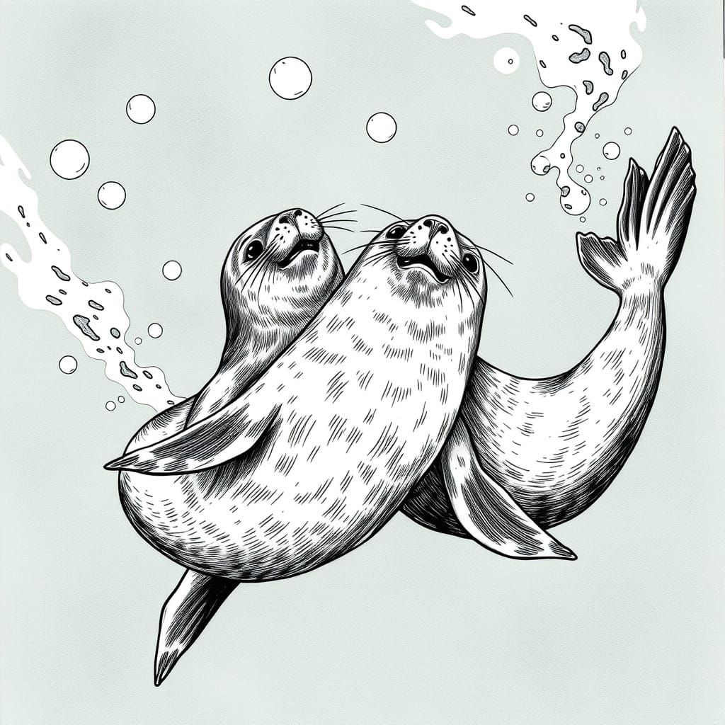 Whimsical Seals in a Soothing Underwater Scene