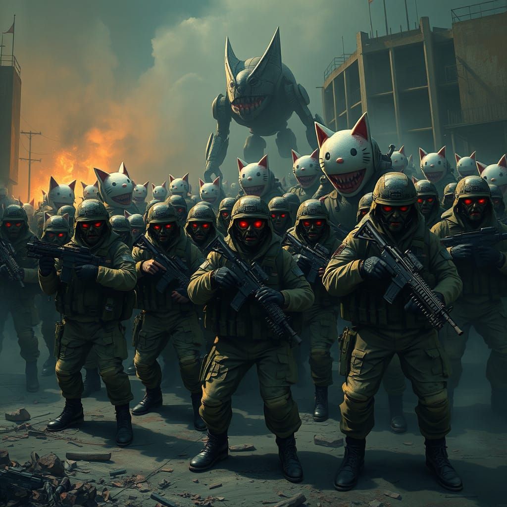 Armed Soldiers Confront Hello Kitty Robots in Post-Apocalypt...