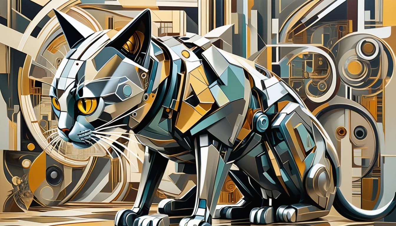 Futuristic Robotic Cat in Cubist Cybernetic Design