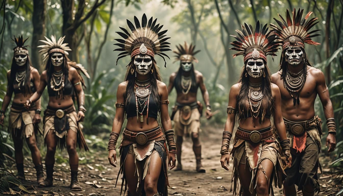 Aztec Huntresses and Tribesmen in Jungle