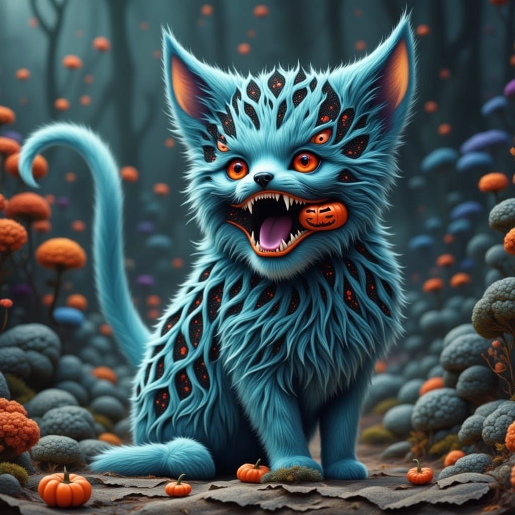 Blue Kitten Cyborg with Human Faces in Horror Style