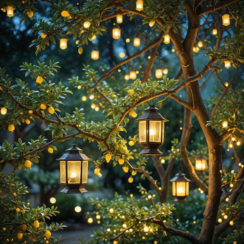 Night Garden: Impressionist Lemon Tree with Fireflies
