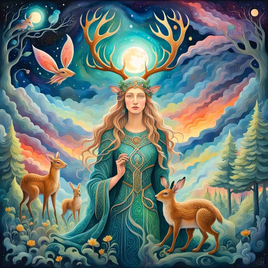 Celtic Forest Goddess in Cosmic Art Nouveau Style
