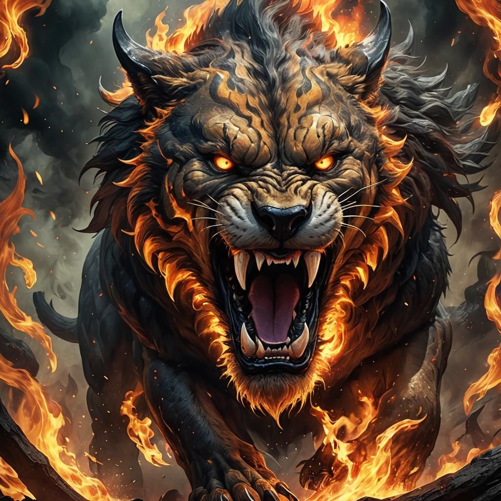 Fearsome Sabertooth-Hellhound Hybrid Roars in Inferno